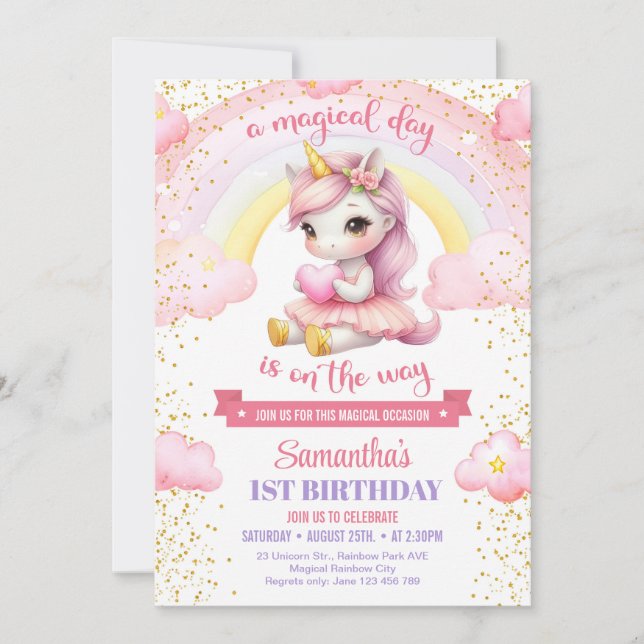 Cute pink and gold unicorn ballerina 1ST birthday Invitation (Front)