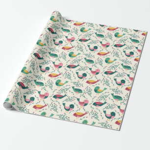 Cute Pink and Green Birds Botanical Pattern Wrapping Paper