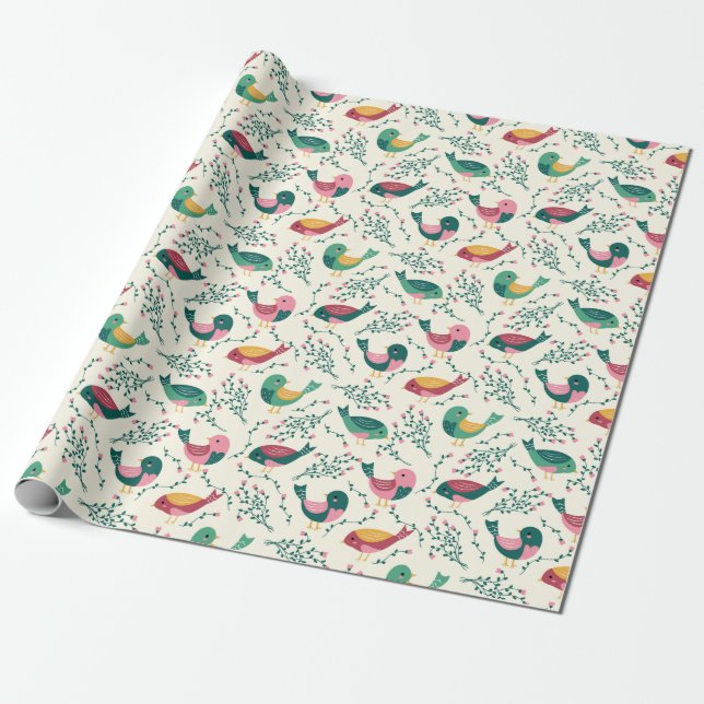 Cute Pink and Green Birds Botanical Pattern Wrapping Paper (Unrolled)