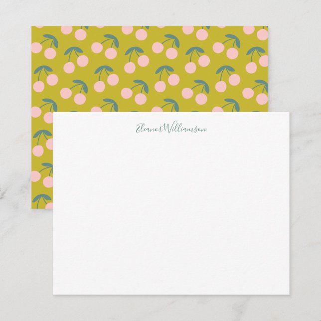 Cute Pink and Green Cherry Fruit Personalised Name Card (Front/Back)