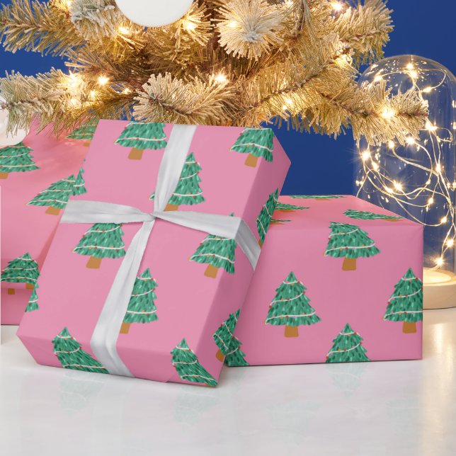 Cute Pink and Green Christmas Trees Pattern Wrapping Paper (Holidays)