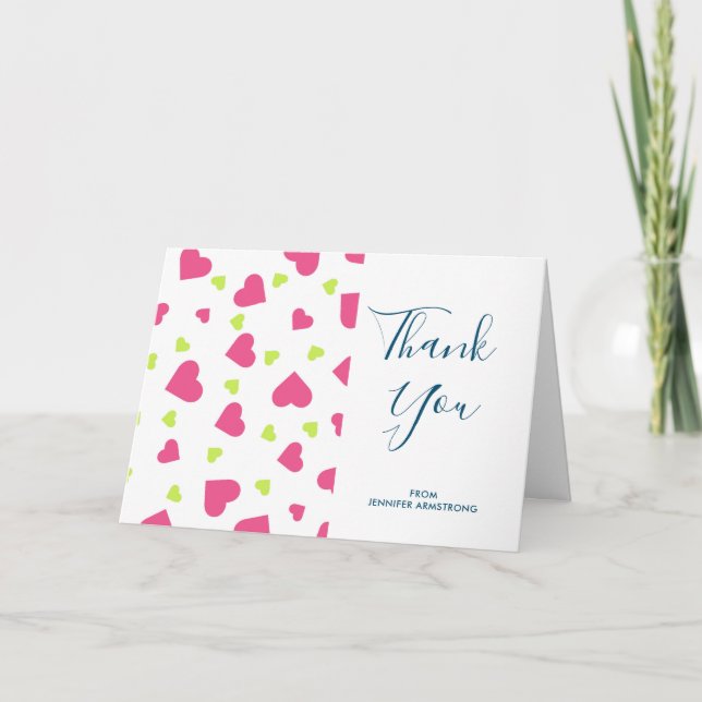 Cute Pink and Green Falling Hearts Pattern Thanks Card (Front)