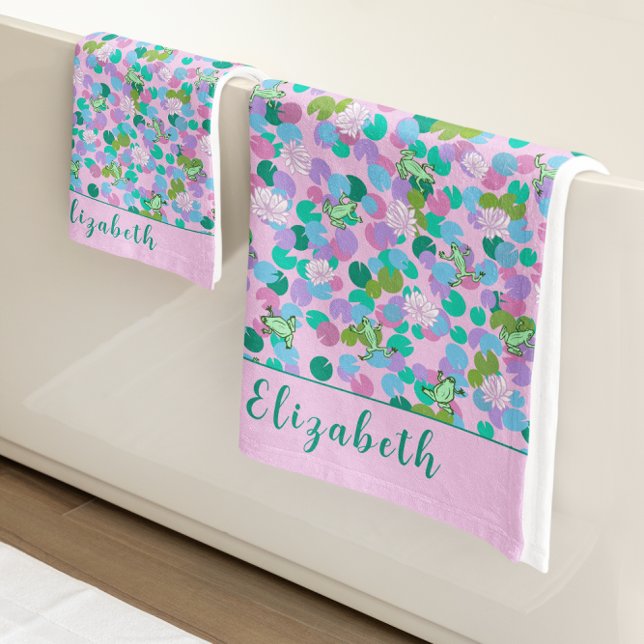 Cute Pink and Green Frogs Custom Name Girly Bath Towel Set (Creator Uploaded)