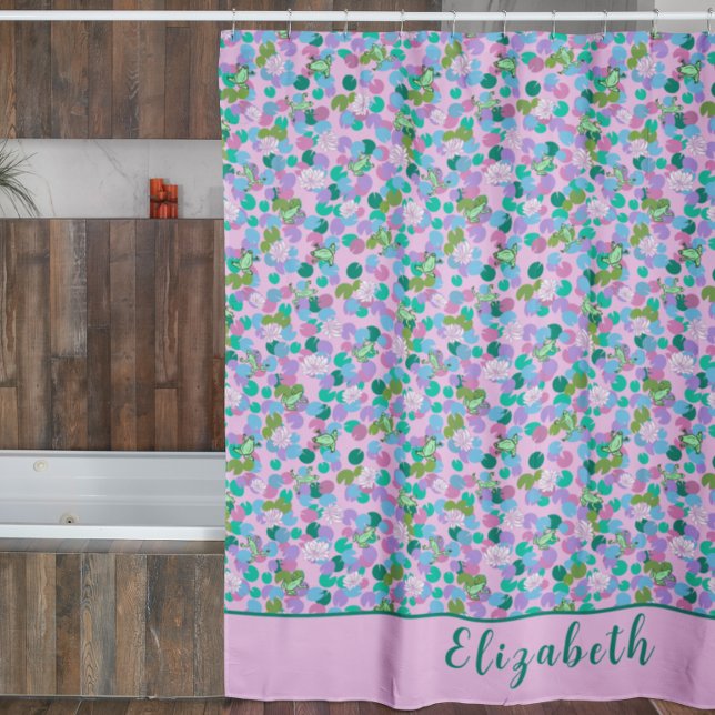 Cute Pink and Green Frogs Custom Name Girly Shower Curtain (Creator Uploaded)