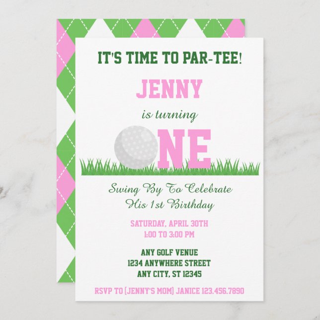 Cute Pink and Green Golf Par-Tee 1st Birthday  Invitation (Front/Back)