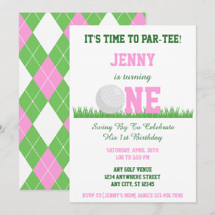 Cute Pink and Green Golf Par-Tee 1st Birthday  Invitation