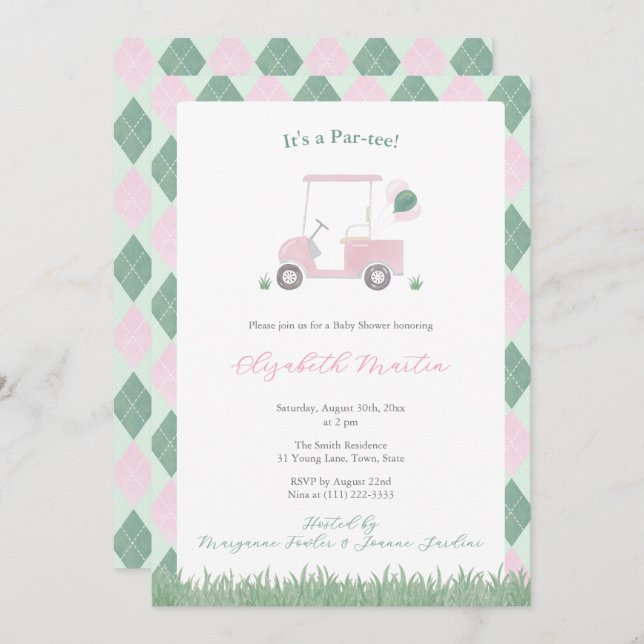 Cute Pink And Green Golf Theme Baby Girl Shower Invitation (Front/Back)