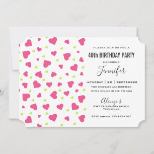 Cute Pink and Green Hearts Pattern Birthday Invitation