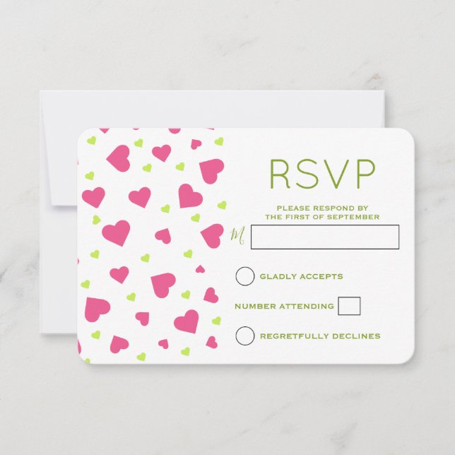 Cute Pink and Green Hearts Pattern RSVP Card (Front)