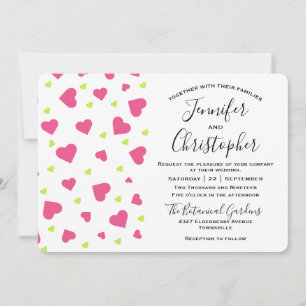 Cute Pink and Green Hearts Pattern Wedding Invitation