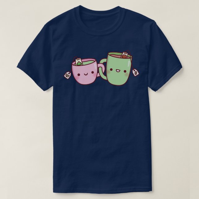 Cute Pink and Green Teacup Funny Best Friends T-Shirt (Design Front)