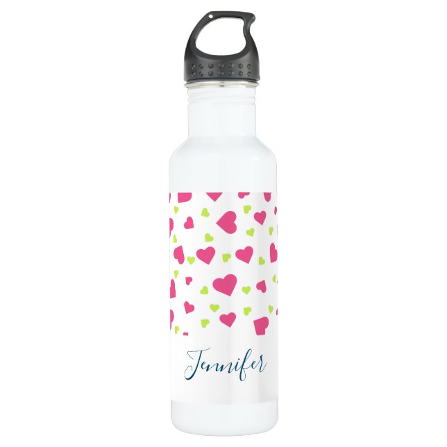 Cute Pink and Green Tumbling Hearts Pattern 710 Ml Water Bottle (Front)