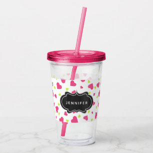 Cute Pink and Green Tumbling Hearts Pattern Acrylic Tumbler