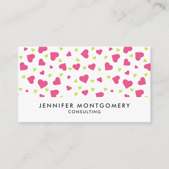 Cute Pink and Green Tumbling Hearts Pattern Business Card (Front)