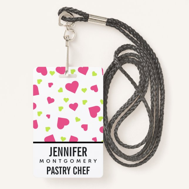Cute Pink and Green Tumbling Hearts Pattern ID Badge (Front with Lanyard)