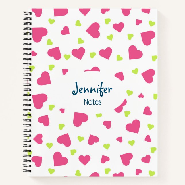 Cute Pink and Green Tumbling Hearts Pattern Notebook (Front)