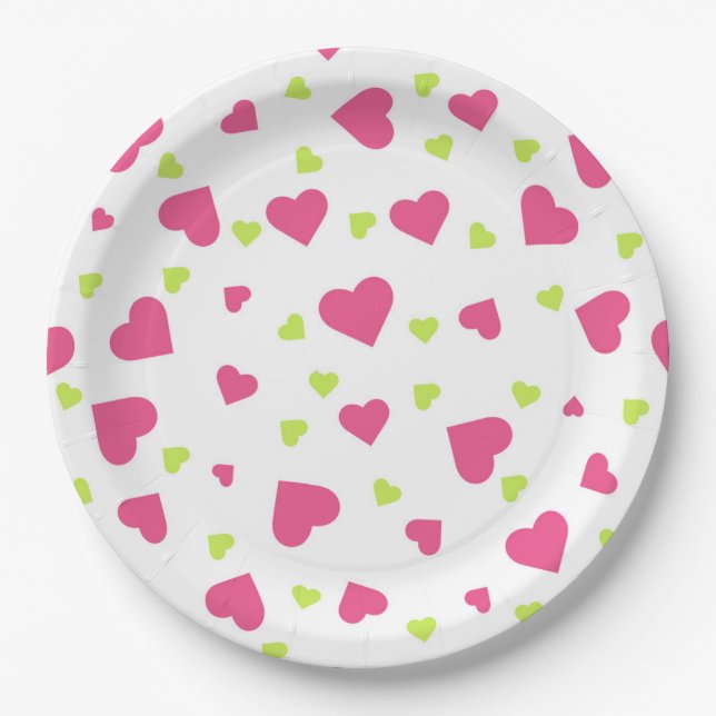Cute Pink and Green Tumbling Hearts Pattern Paper Plate (Front)