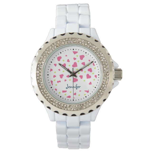 Cute Pink and Green Tumbling Hearts Pattern Watch (Front)