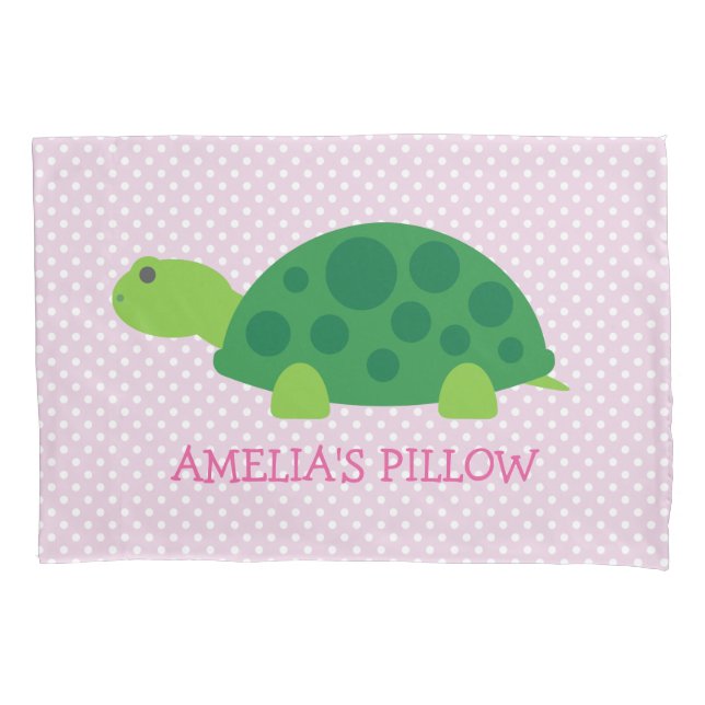 Cute pink and green turtle girl bedroom pillowcase (Front)