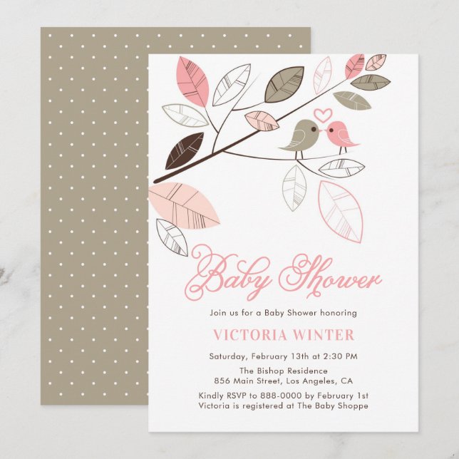 Cute Pink and Grey Birds Botanical Baby Shower Invitation (Front/Back)