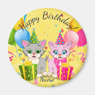 Cute Pink and Grey Birthday Kitten Cartoons Magnet