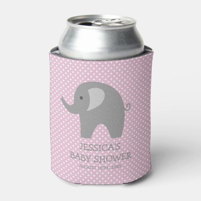Cute pink and grey elephant baby shower can cooler (Can Front)