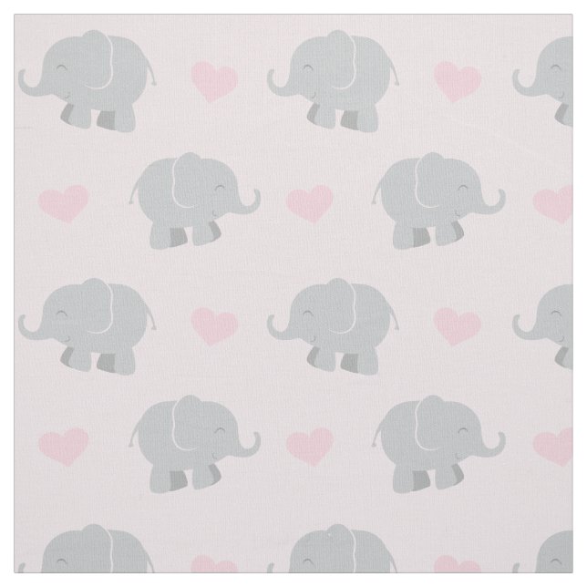 Cute Pink and Grey Elephants and Hearts Pattern Fabric (Swatch)