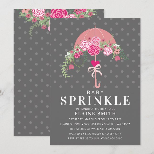 Cute Pink and Grey Floral Umbrella Baby Shower Invitation (Front/Back)