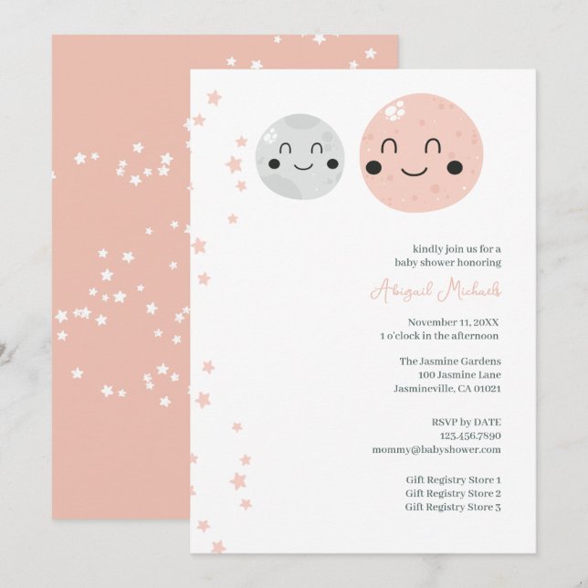 Cute Pink and Grey Planets Baby Girl Shower Invitation (Front/Back)