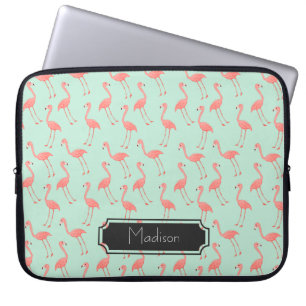 Cute Pink and Mint Flamingo Pattern   Add Name Laptop Sleeve