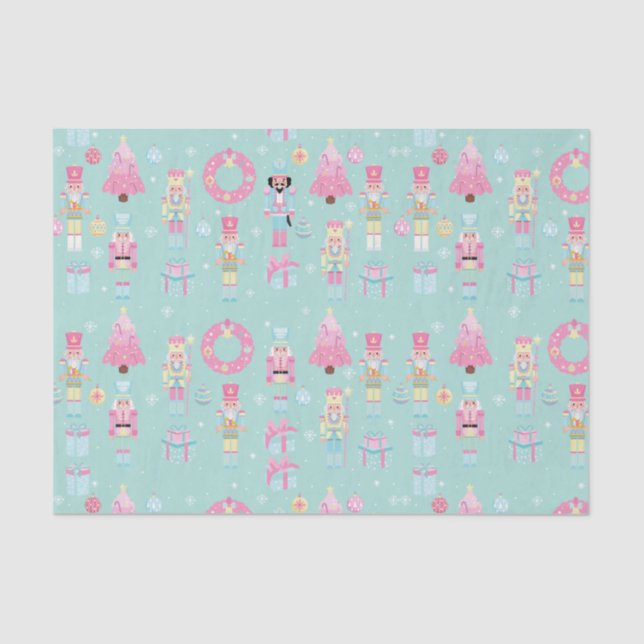 Cute Pink and Mint Green Christmas Nutcracker Tissue Paper (Front)