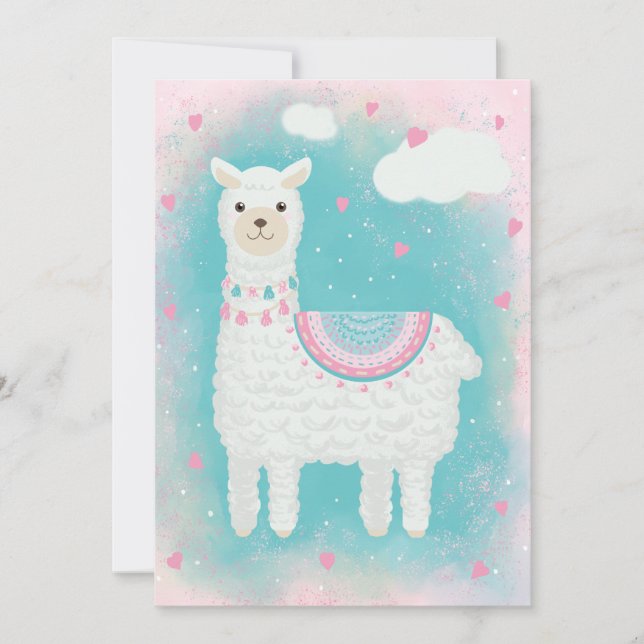 Cute pink and mint llama holiday card (Front)