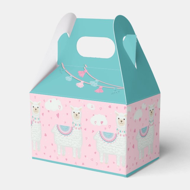 Cute pink and mint llama pattern favour box (Front Side)