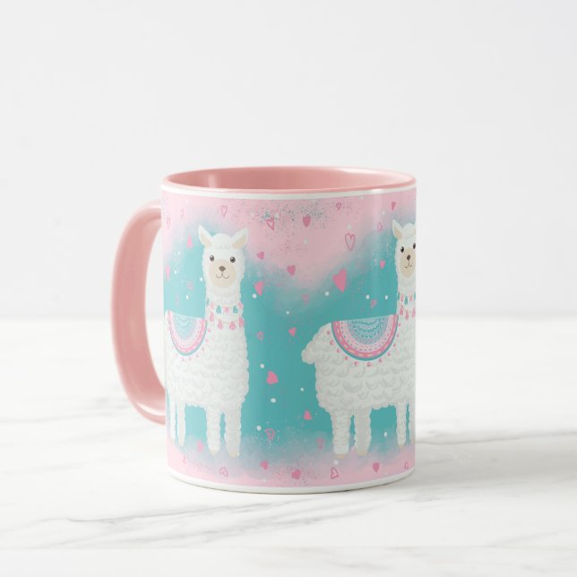 Cute pink and mint llama pattern mug (Front Left)