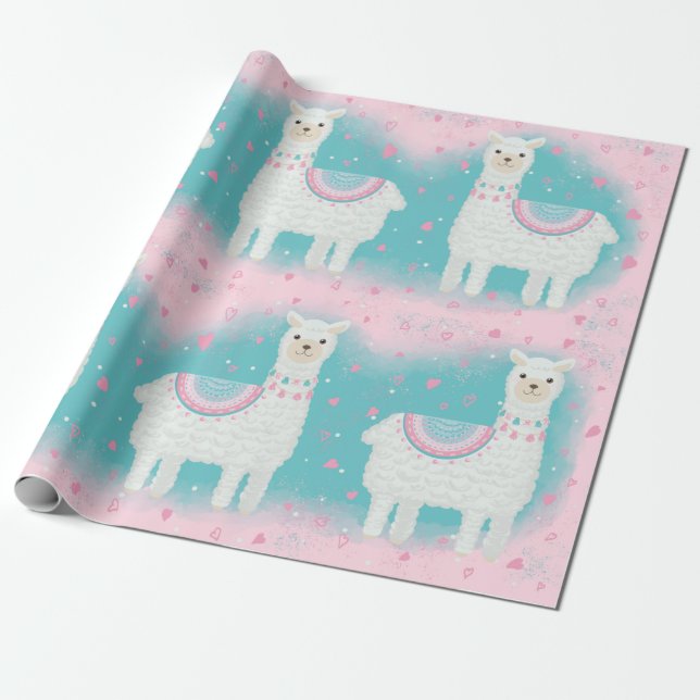 Cute pink and mint llama pattern wrapping paper (Unrolled)