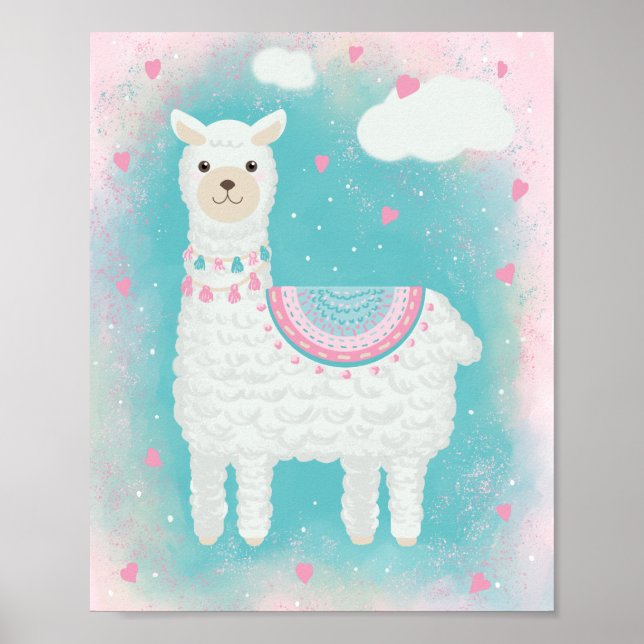 Cute pink and mint llama poster (Front)