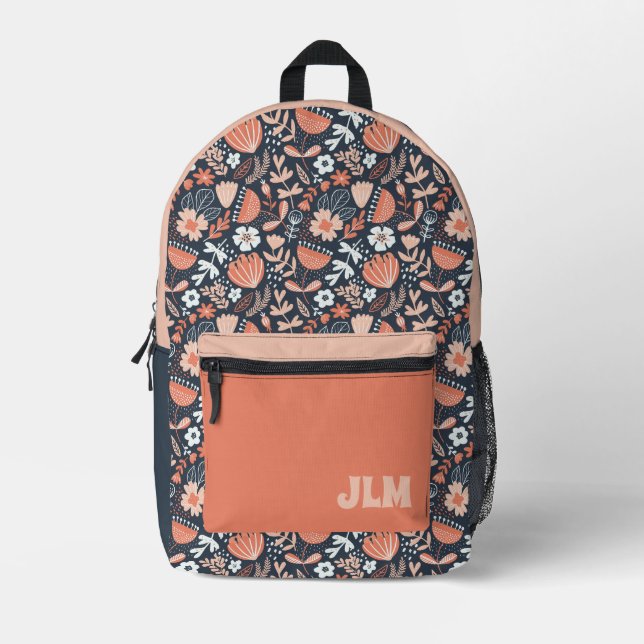 Cute Pink and Navy Blue Floral Pattern Monogram Printed Backpack (Front)