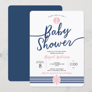 Cute, Pink and Navy Blue, Nautical, Baby Shower Invitation