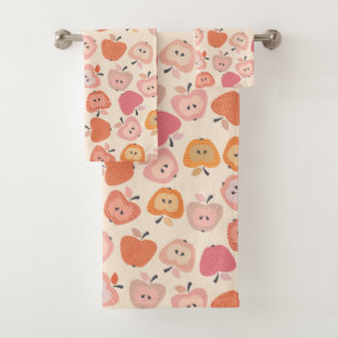 Cute pink and orange apple pattern bath towel set