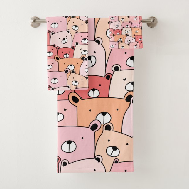 Cute Pink and Orange Bears Bath Towel Set (Insitu)