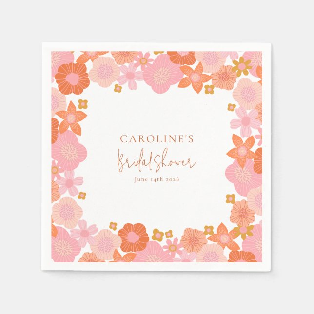 Cute Pink and Orange Floral Border Bridal Shower Napkin (Front)