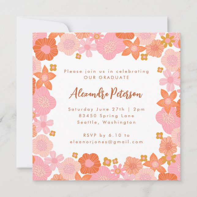 Cute Pink and Orange Floral Border Graduation Invitation (Front)