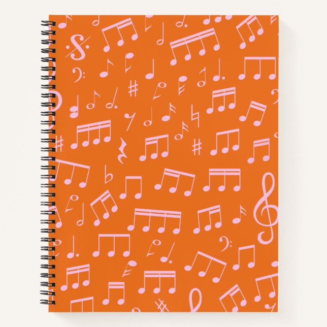 Cute Pink and Orange Music Notes Pattern Notebook (Front)