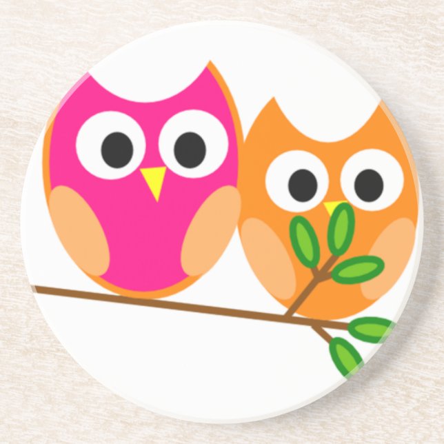 Cute Pink and Orange Owls in Tree Coaster (Front)
