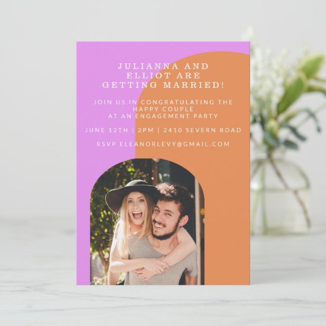 Cute Pink and Orange Retro Photo Engagement Party  Invitation (Standing Front)
