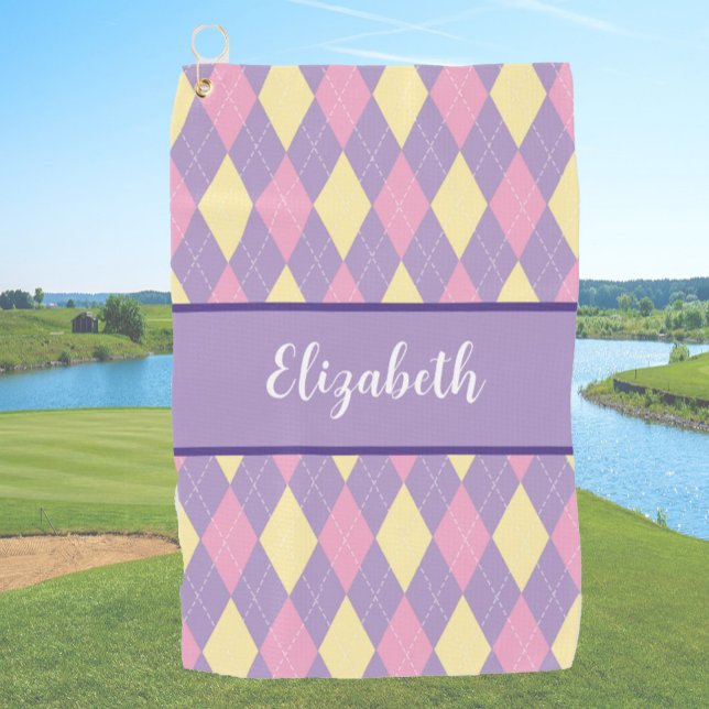 Cute pink and purple argyle custon name golf towel (Creator Uploaded)