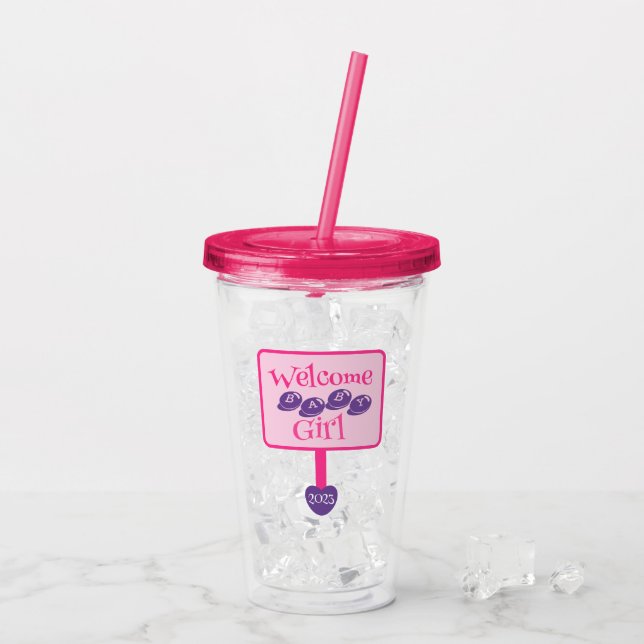 Cute Pink and Purple Baby Girl Shower Signpost Acrylic Tumbler (Back Ice)