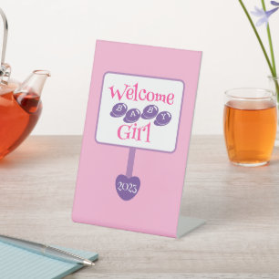 Cute Pink and Purple Baby Girl Shower Signpost Pedestal Sign