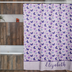 Cute Pink and Purple Butterfly With Name Custom Shower Curtain