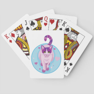 CUTE PINK AND PURPLE CAT IN A SKY CIRCLE WITH HEAR PLAYING CARDS